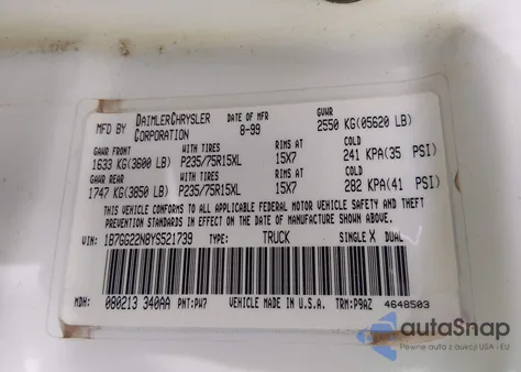 2000 Dodge Dakota Slt/Sport z USA, uszkodzony, nr VIN 1B7GG22N8YS521739